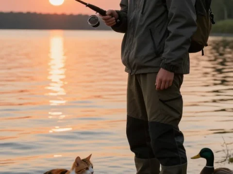 Young Man Fishing by the Lake with Cat and Ducks at Sunset