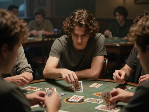 Young Man Focused on Card Game at Round Table
