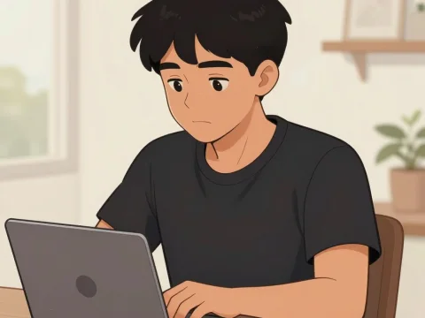 Young Man Focused on Laptop in Cozy Room