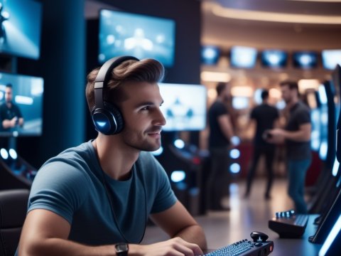 Young Man Gaming in Modern Esports Arena