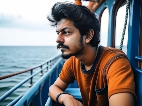 Young Man Gazing Over Ocean from Boat