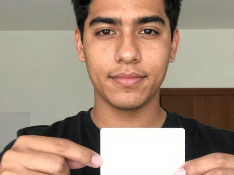 Young Man Holding Blank Card for Verification