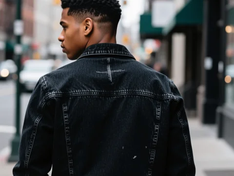 Young Man in Black Denim Jacket on Urban Street
