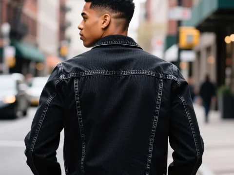 Young Man in Black Denim Jacket on Urban Street