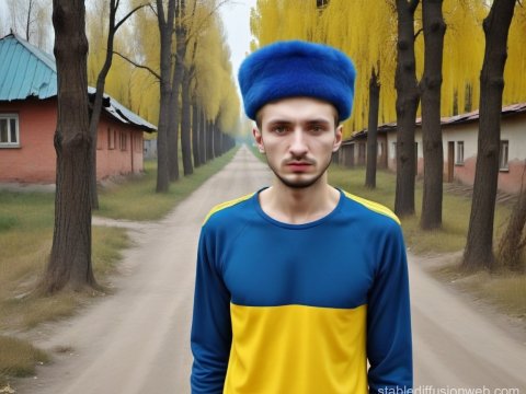 Young Man in Blue and Yellow Outfit on Tree-Lined Path