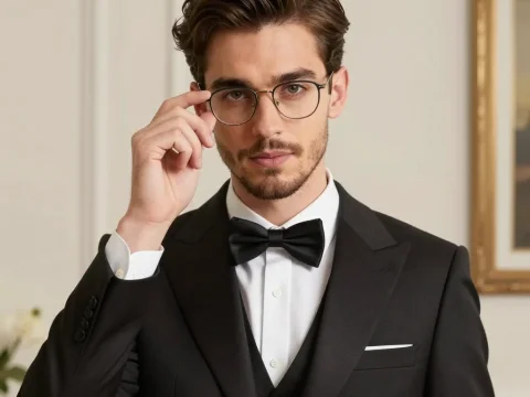 Young Man in Classic Black Tuxedo with Glasses