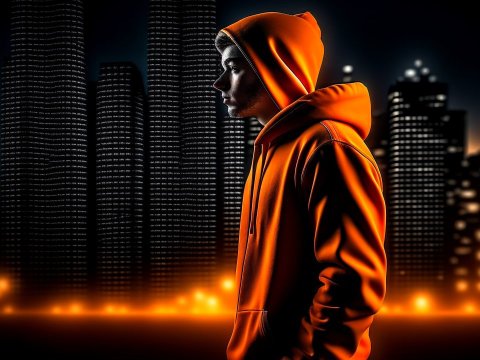 Young Man in Orange Hoodie Against Night Cityscape