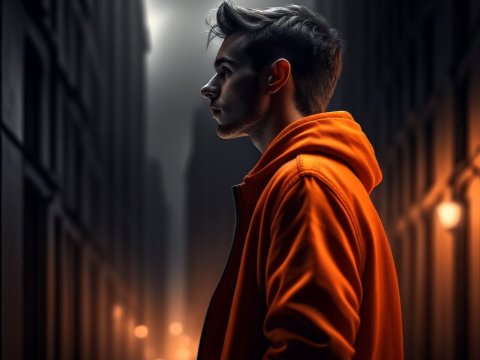Young Man in Orange Hoodie Standing in Dimly Lit Alley