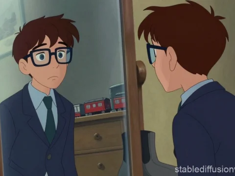 Young Man in Suit Reflecting in Mirror