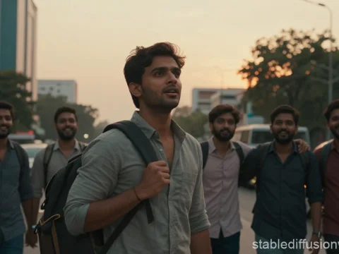 Young Man Leading Friends on Urban Evening Walk