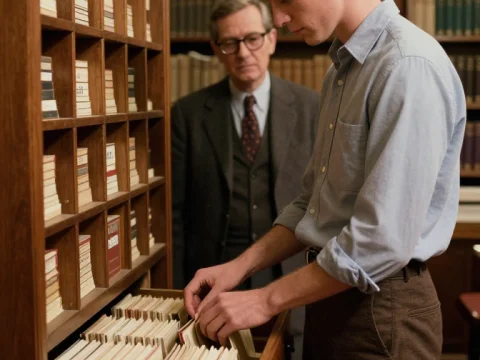 Young Man Searching Library Card Catalog in 1970s Setting