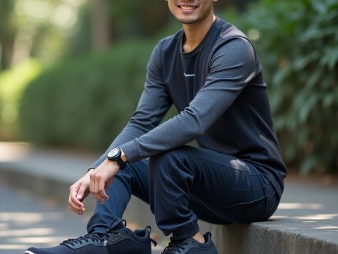 Young Man Sitting Outdoors in Casual Sportswear
