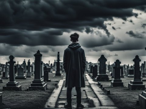Young Man Standing Alone in a Moody Cemetery