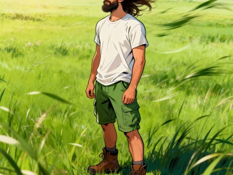 Young Man Standing in a Windy Green Field