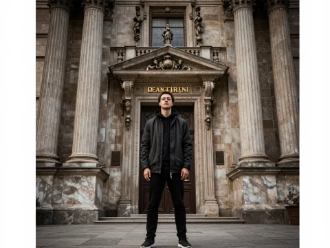Young Man Standing in Front of Classical Building Entrance