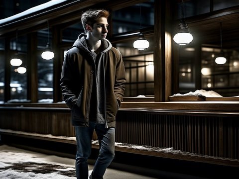 Young Man Standing Thoughtfully in Snowy Night Scene