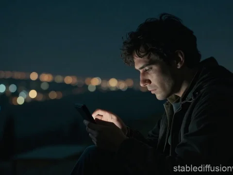 Young Man Using Smartphone at Night with City Lights