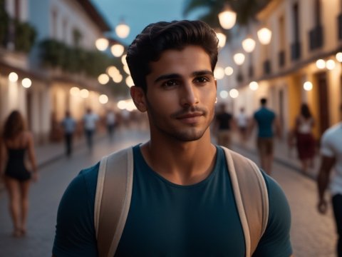 Young Man Walking in a Vibrant Evening Street