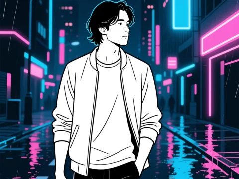 Young Man Walking in Neon City at Night