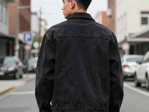 Young Man Wearing Black Denim Jacket on Urban Street
