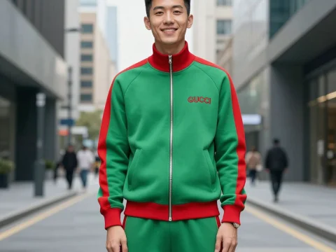 Young Man Wearing Gucci Tracksuit in Urban Setting