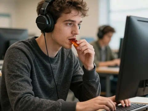 Young Man Wearing Headphones Eating Gummy While Working on Computer