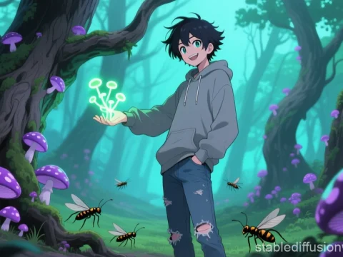 Young Man with Bioluminescent Mushrooms in Enchanted Forest