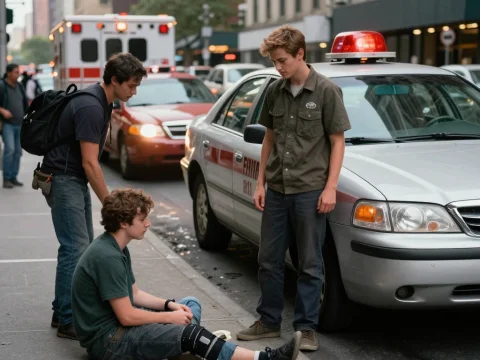 Young Man with Leg Injury Assisted on City Sidewalk