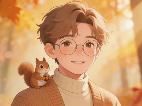 Young Man with Squirrel in Autumn Forest