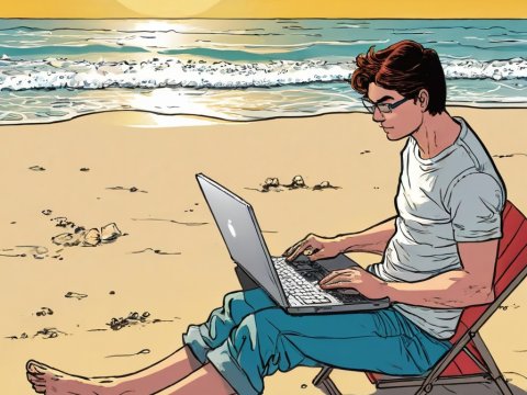 Young Man Working on Laptop at the Beach During Sunset