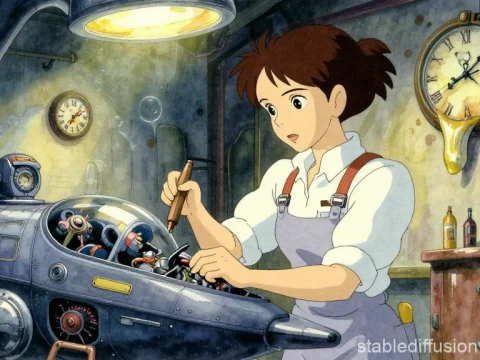 Young Mechanic Working on a Steampunk Machine