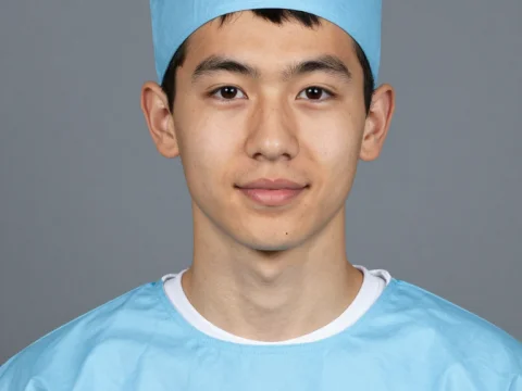 Young Medical Professional in Blue Scrubs and Cap