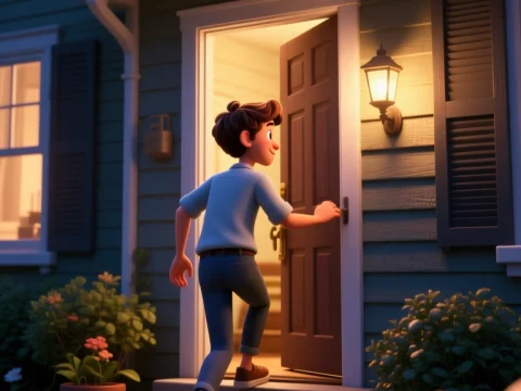 Young Person Entering Cozy Home at Dusk