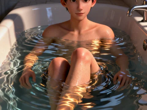 Young Person Relaxing in Bathtub with Soft Lighting