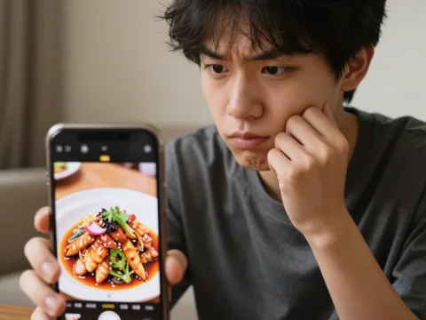 Young Person Viewing Gourmet Dish on Smartphone