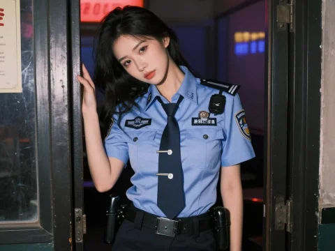 Young Police Officer in Uniform Standing at Doorway