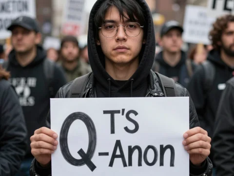 Young Protester Holding Q-Anon Sign at Rally