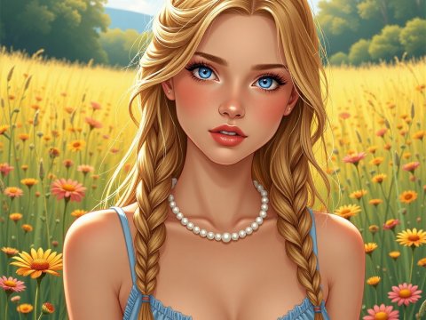 Young Scandinavian Woman in a Sunny Flower Field