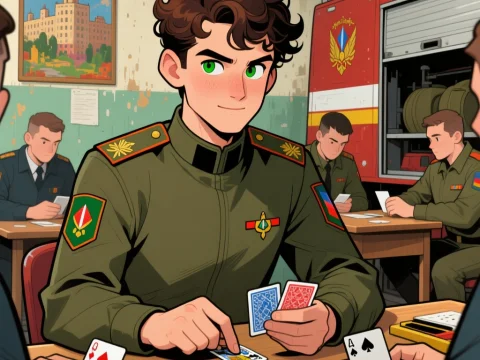 Young Sergeant Playing Cards in Military Room