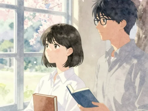 Young Students Reading by Window with Cherry Blossoms