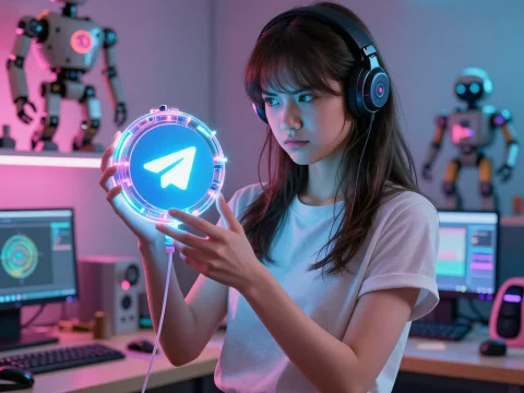 Young Tech Creator Holding Glowing Telegram Logo in Futuristic Room