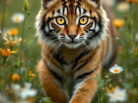 Young Tiger Walking Through a Flower Field