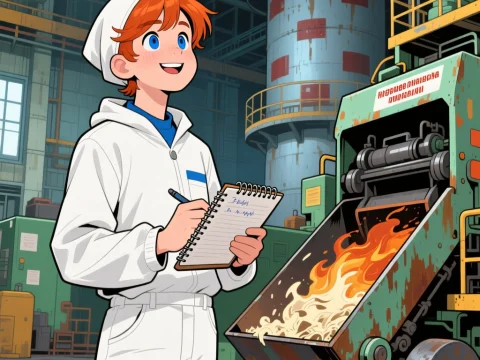 Young Trainee in Industrial Facility with Fiery Machine