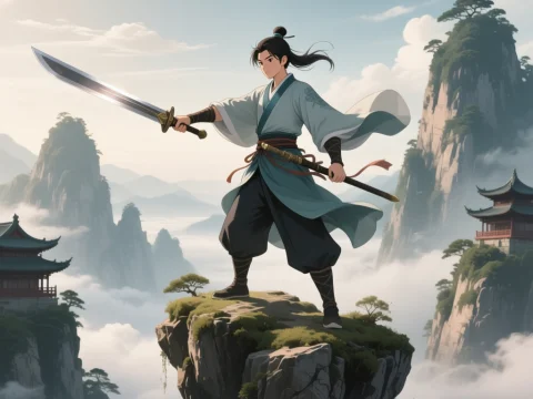 Young Warrior Standing on Floating Rock in Misty Mountains