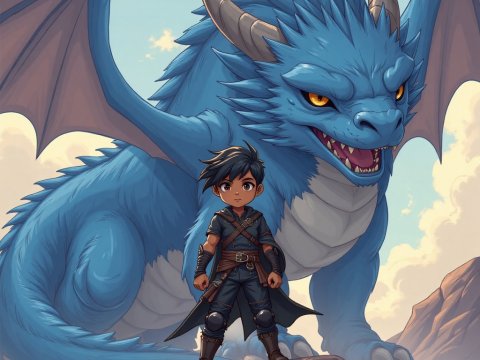 Young Warrior with Majestic Blue Dragon