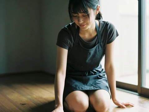 Young Woman Cleaning Wooden Floor by Window Light