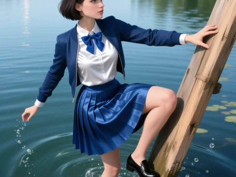 Young Woman Climbing Wooden Ladder in Lake