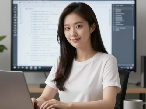 Young Woman Coding on Laptop in Modern Office