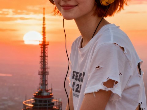 Young Woman Enjoying Sunset with Headphones on Rooftop