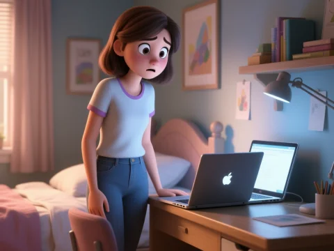 Young Woman Hesitant at Desk with Laptop in Cozy Room